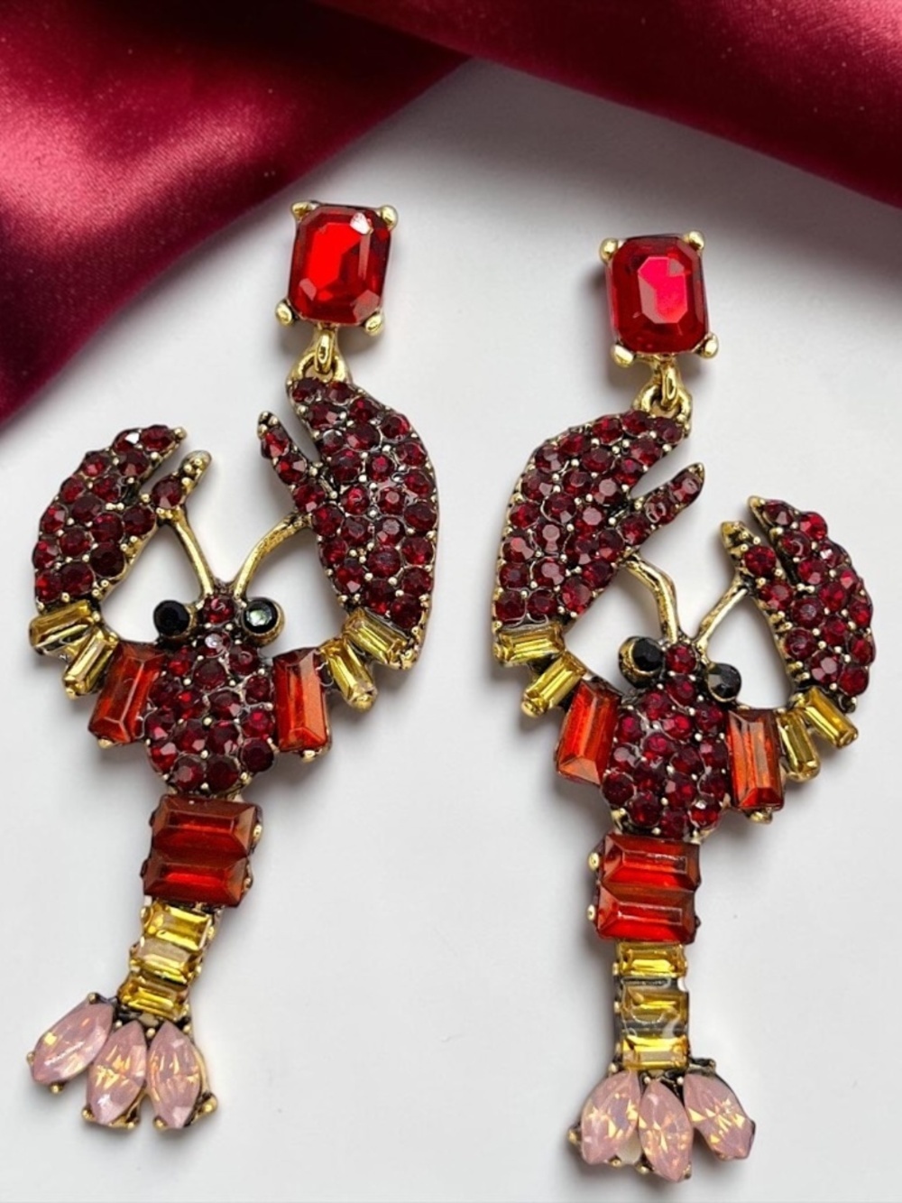 Red Rhinestone Crawfish Earrings Louisiana Mardi Gras Statement NWT